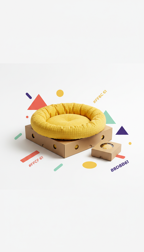 Sunny Yellow pet bed, Use a 3/4 angle to showcase product details effectively, eco-friendly packaging., perfectly centered...